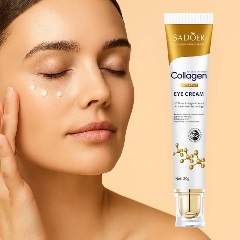 Woman applying eye cream with Sadeer Collagen Eye Cream tube on beige background