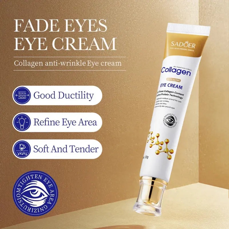 Sadoer collagen eye cream tube with features on a brown background