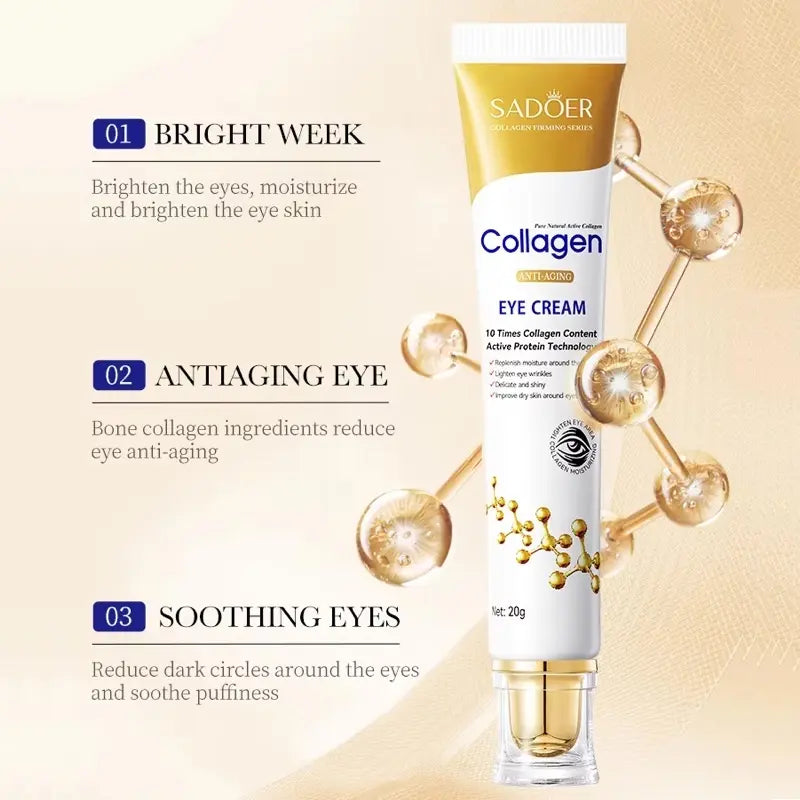 Sadoer Collagen Eye Cream tube with benefits on a beige background