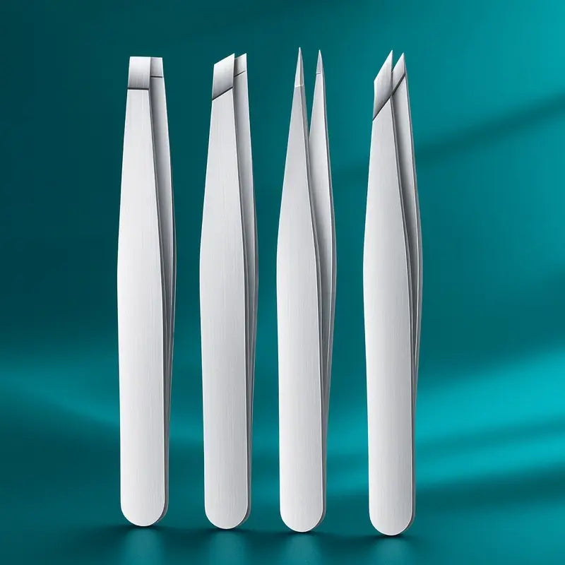 Silver 4-Piece Stainless Steel Eyebrow Tweezers Set – Multi-Purpose Precision Hair Removal Tools for Face, Brows & Lashes