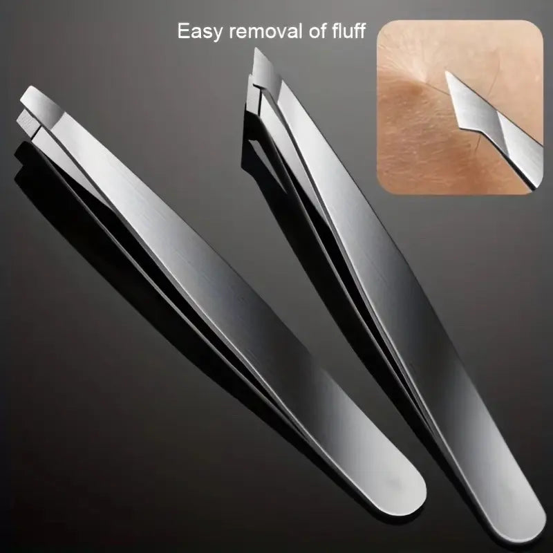 Pair of silver tweezers on a dark background with an inset showing hair removal.