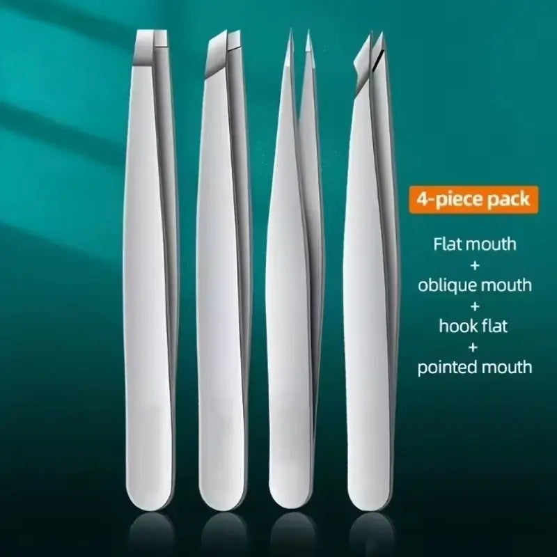 Four pairs of tweezers with different mouth shapes on a teal background