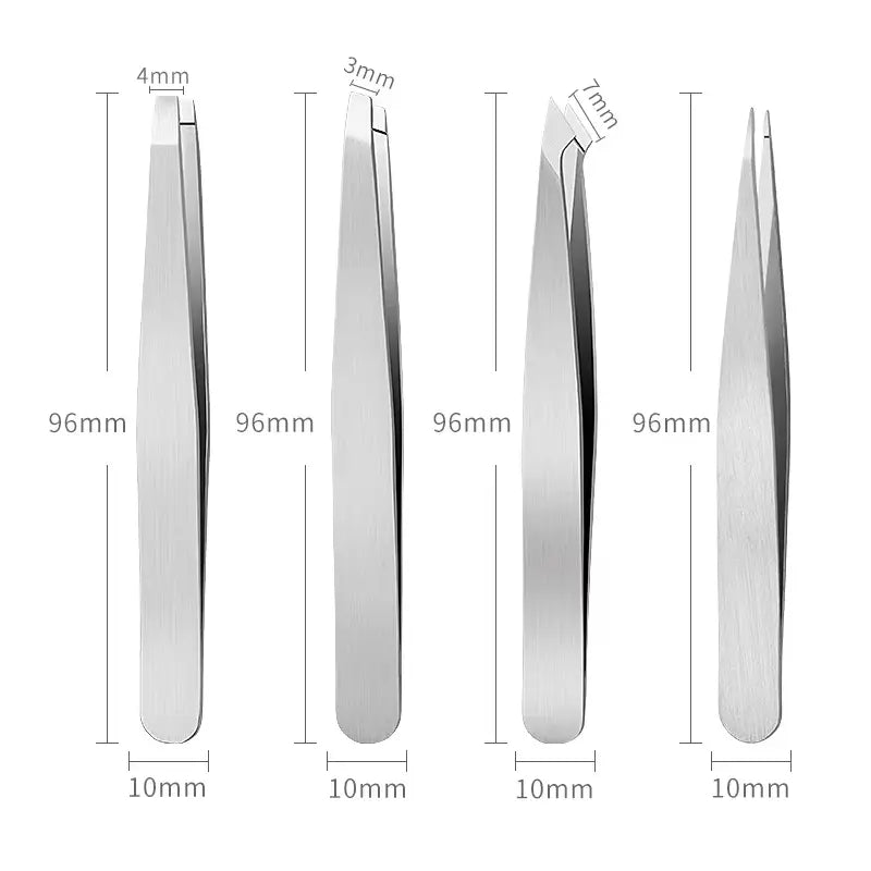 Set of four pairs of tweezers with labeled dimensions on a white background