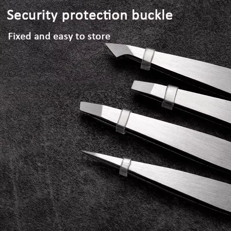 Metal tweezers with security protection buckles on a dark textured background
