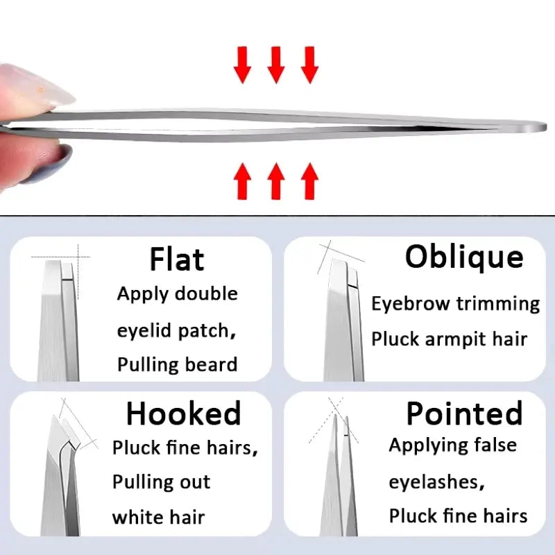 Tweezer with different tips labeled for various hair removal and grooming tasks.
