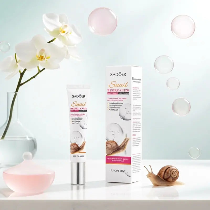 SADØER snail skincare product with packaging on a light background