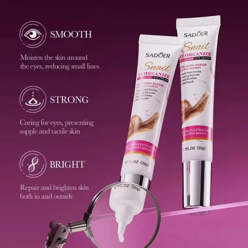 Sadoer eye cream with product features on a purple background