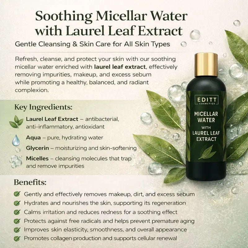 Soothing Micellar Water with Laurel Leaf Extract product description on a light background with green leaves.