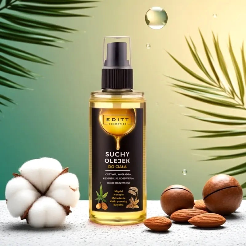 Bottle of dry body oil with cotton, nuts, and palm leaves on a gradient background