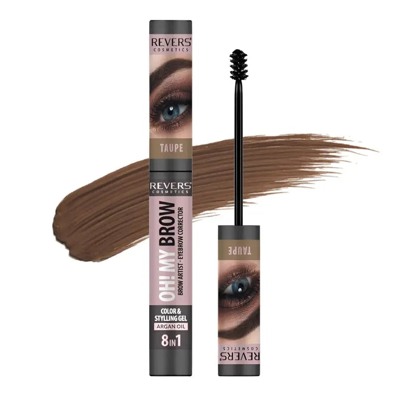 Revers Oh My Brow taupe eyebrow gel with packaging on a white background