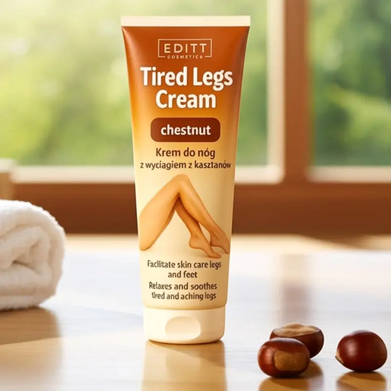 Tired Legs Cream tube with chestnuts on a reflective surface
