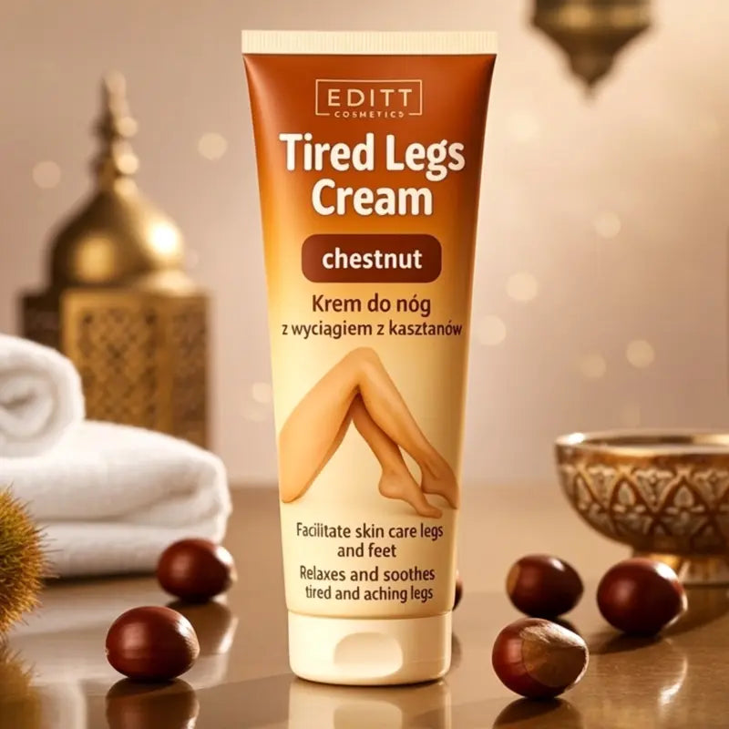 Tired Legs Cream tube with chestnut flavor on a decorative background