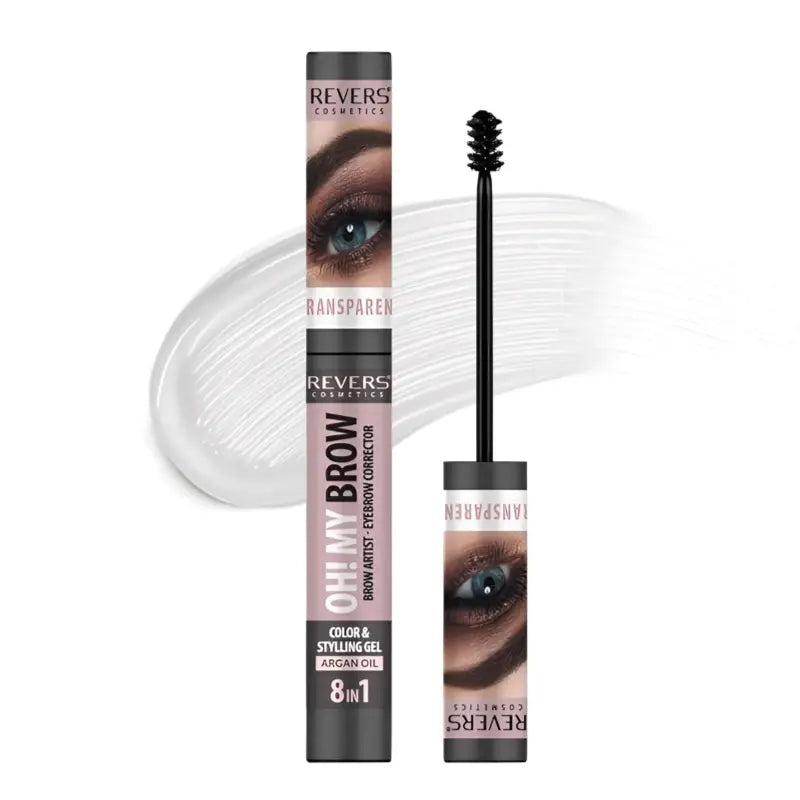 Revers Brow Transparent clear Color & Styling Gel with applicator on a white background