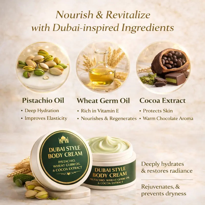 Dubai Style Body Cream with Pistachio Wheat Germ Oil and Cocoa Extract Nourishing, Elasticity-Boosting, Deeply Moisturizing
